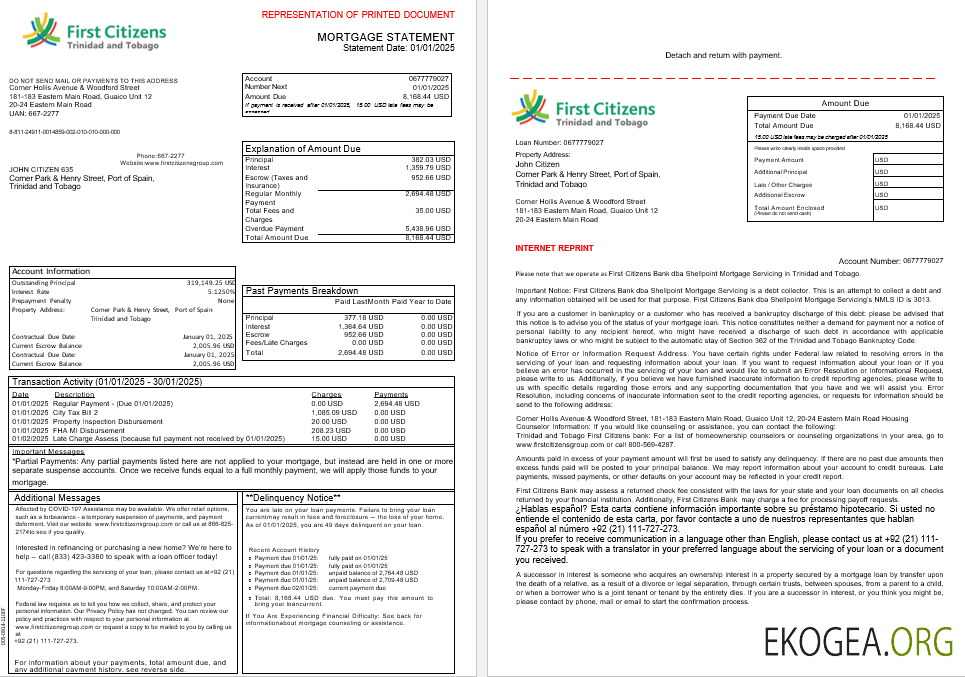 Relevé hypothécaire de la First Citizens Bank de Trinité , et , Tobago aux formats Word et PDF, 3 pages 1 , 2